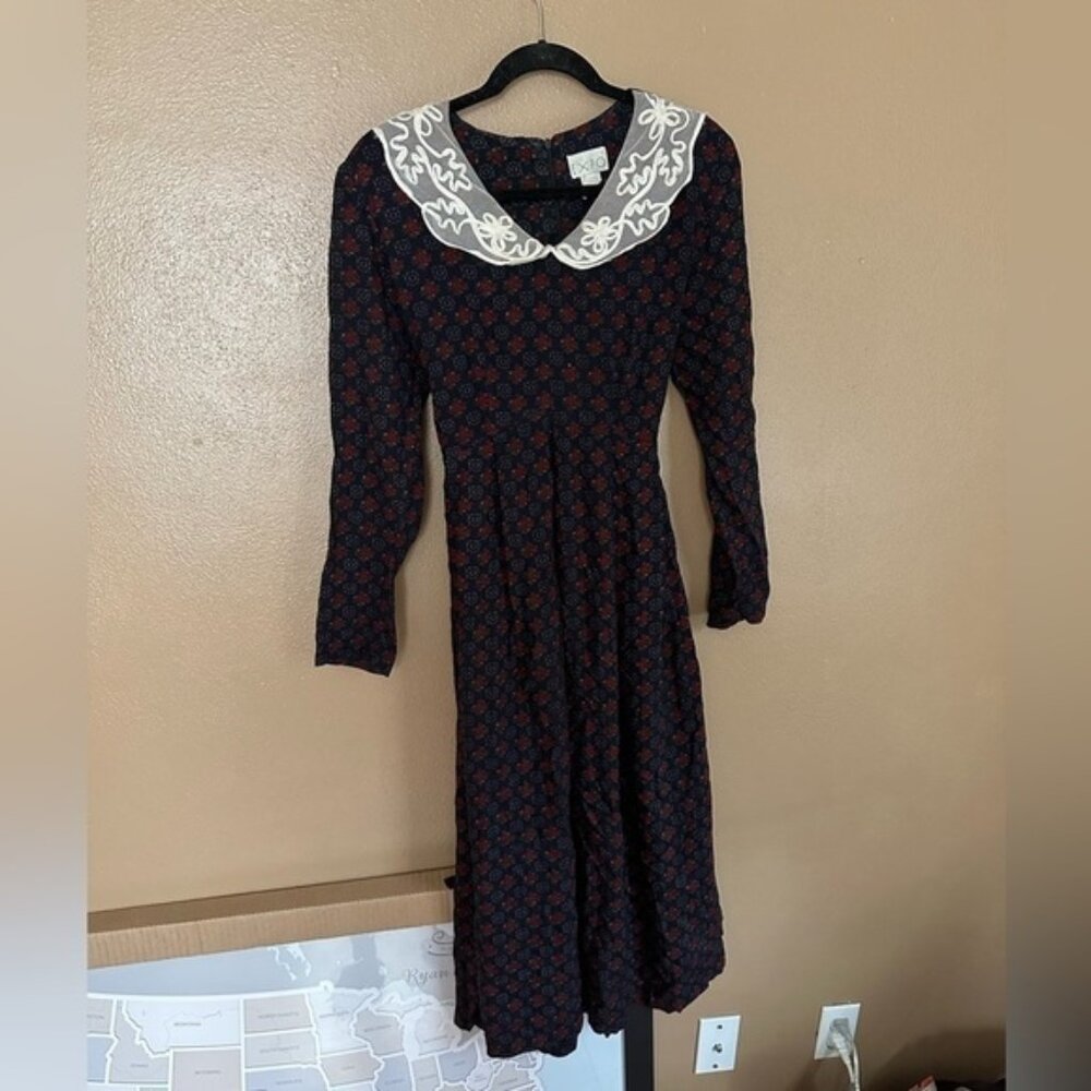 VINTAGE Expo Printed / Lace Collar Peasant Dress Size 10